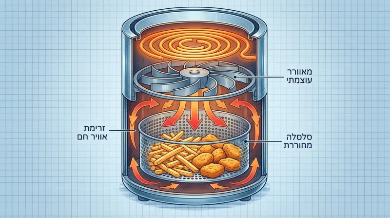 תרשים חתך של סיר טיגון ללא שמן (אייר פרייר) המדגים את אופן הפעולה, כולל מאוורר עוצמתי, גוף חימום וזרימת אוויר חם סביב צ'יפס ושניצלונים בסלסלה מחוררת.