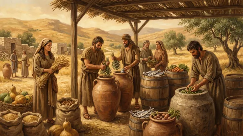 ציור המתאר אנשים אוספים ומאחסנים חיטה ומזון באסמים ובכדים, ממחיש את סיפור יוסף במצרים