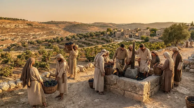 בציר ענבים ודריכתם בגת אבן עתיקה בכפר מתקופת המקרא
