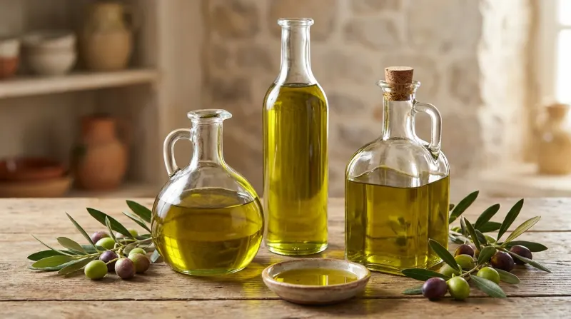 בקבוקי שמן זית איכותי על שולחן עץ עם זיתים וענפי זית