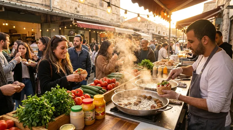 דוכן אוכל רחוב הומה בשוק, מוכר מכין מנת פלאפל בפיתה ללקוחה מחייכת