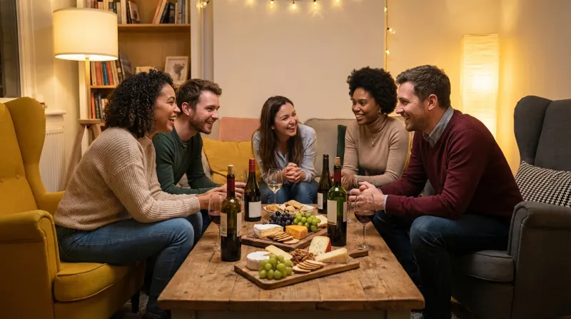 קבוצת חברים נהנים מערב גבינות ויין בסלון ביתי נעים