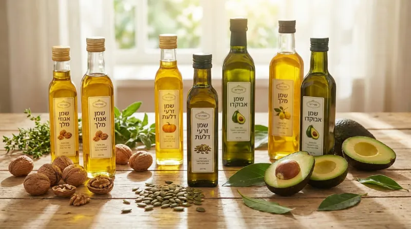 מגוון בקבוקי שמני בריאות טבעיים: שמן אבוקדו, שמן אגוזי מלך, שמן גרעיני דלעת ושמן זית על שולחן עץ עם חומרי הגלם.