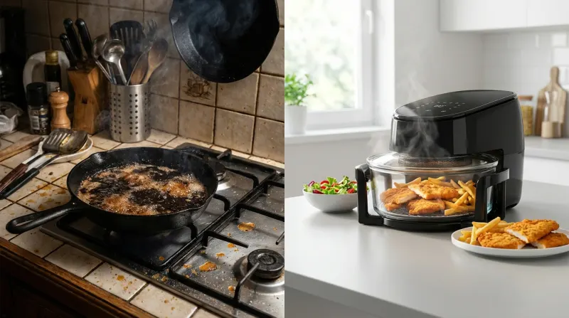 השוואה ויזואלית בין טיגון עמוק ומלכלך במחבת ברזל לבין טיגון נקי ובריא יותר באייר פרייר (סיר טיגון ללא שמן) עם שניצל וצ'יפס