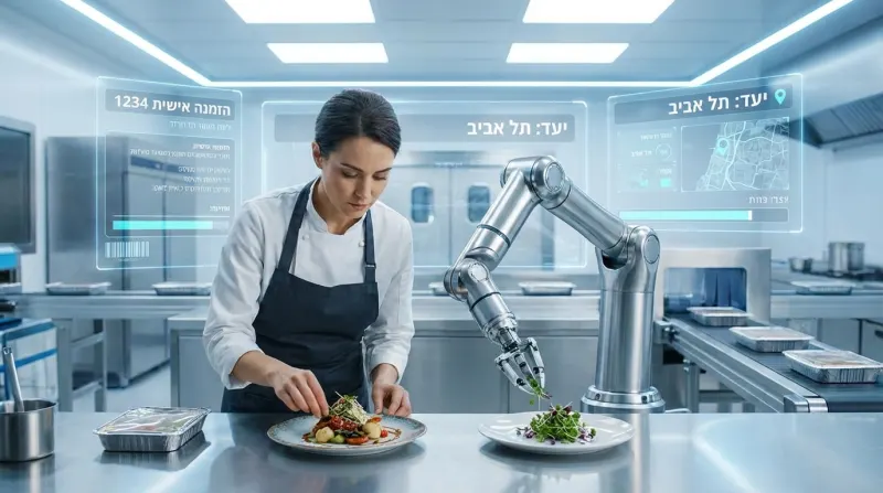 שפית וזרוע רובוטית מכינות מנות במטבח עתידני וחכם, עם תצוגות נתונים הולוגרפיות בעברית על הזמנות ומשלוחים לתל אביב.