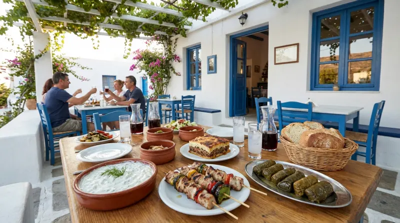 שולחן מלא במאכלים יווניים מסורתיים כמו סובלקי, מוסקה, סלט יווני, צזיקי ועלי גפן, מוגש בטברנה חיצונית ביוון.