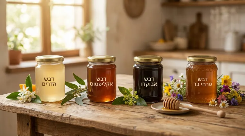 ארבע צנצנות של דבש טבעי מסוגים שונים: דבש הדרים, דבש אקליפטוס, דבש אבוקדו ודבש פרחי בר, מונחות על שולחן עץ כפרי במטבח מואר.