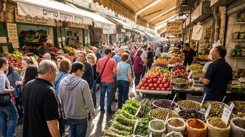 שוק מחנה יהודה בירושלים, מלא בקונים ודוכני פירות, ירקות, תבלינים וזיתים טריים.