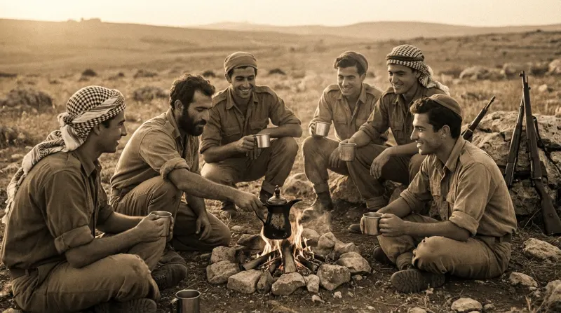 תצלום בסגנון היסטורי של קבוצת גברים במדים, חלקם חובשים כאפיות ואחד חובש כיפה, יושבים ושותים קפה סביב מדורה במדבר.