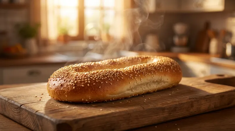 בייגלה ירושלמי חם עם שומשום על קרש חיתוך במטבח מואר