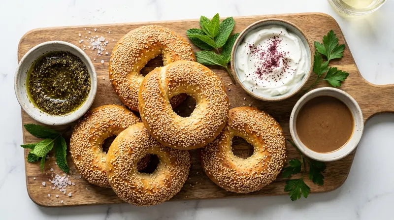 בייגלה ירושלמי טרי מצופה שומשום, מוגש על קרש עץ עם קעריות של לאבנה עם סומאק, מטבל זעתר וטחינה.