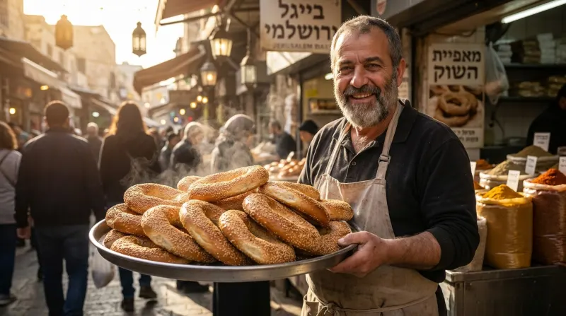 אופה מחייך מחזיק מגש מלא בבייגל ירושלמי טרי בשוק הומה אדם בירושלים.