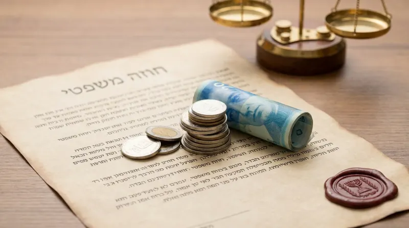 מסמך חוזה משפטי בעברית עם מטבעות, שטר כסף מגולגל, ומאזני צדק ברקע