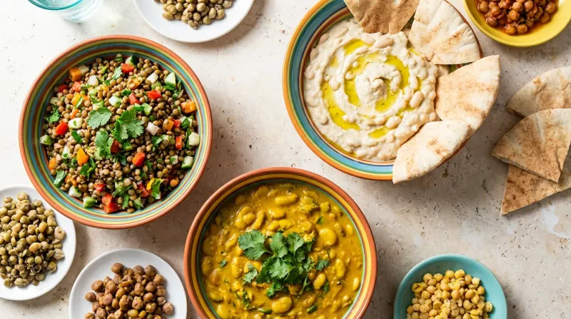 שולחן ערוך עם מגוון מנות קטניות: סלט עדשים, ממרח חומוס או שעועית לבנה עם פיתות, תבשיל שעועית צהוב וקעריות קטנות עם גרגירי חומוס, אפונה ועדשים.