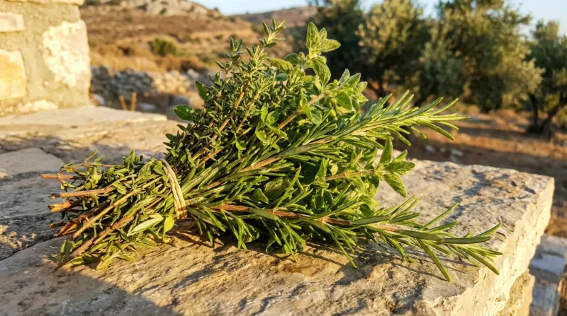 צרור עשבי תיבול טריים כולל טימין ורוזמרין מונח על משטח אבן בטבע