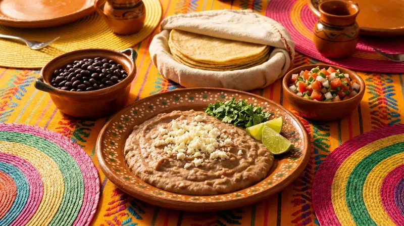 צלחת של שעועית מטוגנת (פריחולס) עם גבינה, כוסברה וליים, מוגשת על שולחן מקסיקני צבעוני עם טורטיות, סלסה ושעועית שחורה.