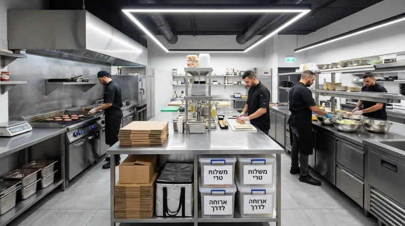 שפים בפעולה במטבח מסחרי מודרני המיועד למשלוחים, עם קופסאות ארוחה לדרך.