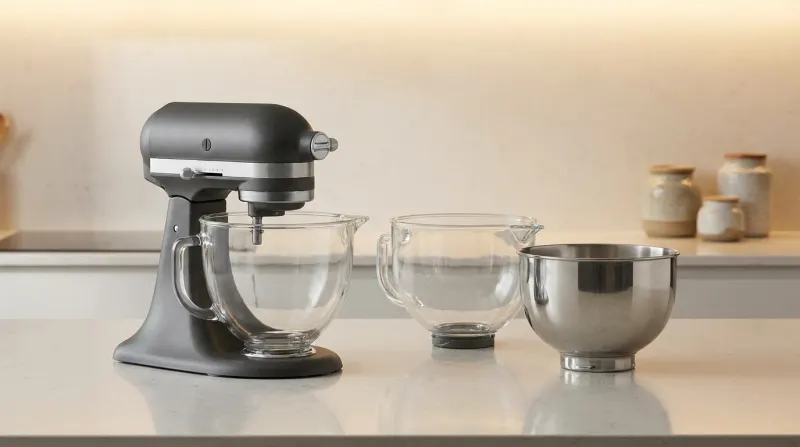 מיקסר עומד של KitchenAid בצבע אפור פחם מט עם קערת זכוכית מחוברת, ולצדו קערת זכוכית נוספת וקערת נירוסטה על אי במטבח.