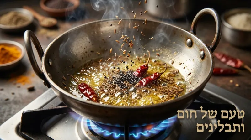 מחבת ווק על כיריים גז עם שמן רותח, זרעי כמון, חרדל וצ'ילי אדום יבש, המעלים אדים. הכיתוב "טעם של חום ותבלינים" מופיע בצד ימין למטה.