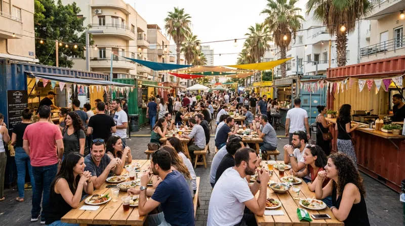 שוק אוכל חיצוני הומה אדם בתל אביב, עם דוכנים הבנויים ממכולות צבעוניות, שולחנות פיקניק מעץ מלאים במבקרים, ותאורת גרלנדות חגיגית.