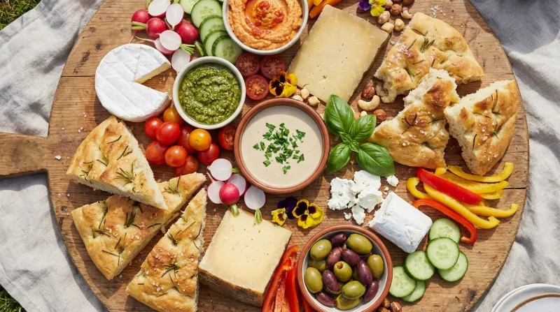 מגש אירוח מעץ עשיר ומעוצב עם פוקצ'ה, מגוון גבינות, מטבלים, ירקות טריים וזיתים לפיקניק בחיק הטבע