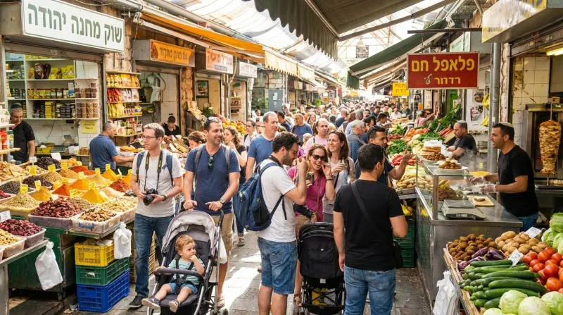 שוק מחנה יהודה הומה אדם בירושלים, עם דוכני תבלינים, פירות וירקות