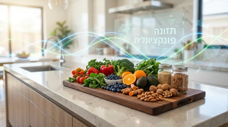 מגוון מזונות של תזונה פונקציונלית, כולל ירקות, פירות, אגוזים, זרעים וכורכום, מסודרים על קרש חיתוך במטבח מודרני עם תצוגה דיגיטלית של הכיתוב 'תזונה פונקציונלית'.
