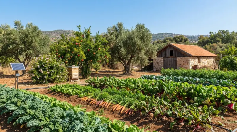 גן ירק שופע עם ערוגות ירקות, גזר קצור, עצי זית ורימון, כוורת ובית אבן כפרי