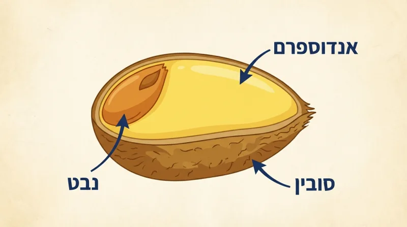 איור חתך רוחב של גרעין דגן מלא המציג את שלושת חלקיו העיקריים: הסובין, האנדוספרם והנבט.