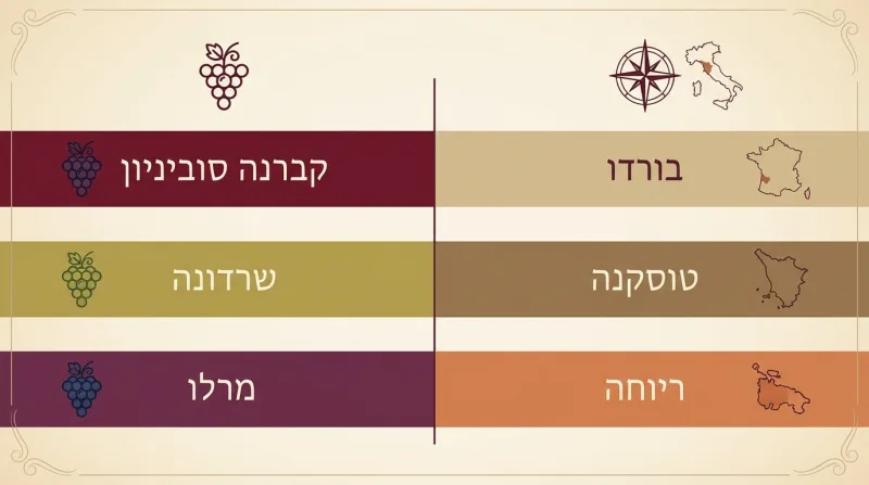 טבלת השוואה בין זני ענבים פופולריים: קברנה סוביניון, שרדונה ומרלו, לבין אזורי יין מובילים: בורדו, טוסקנה וריוחה.